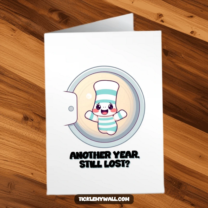 Funny Free Printable Birthday Card featuring a confused sock spinning in a dryer with a mischievous sock puppet.