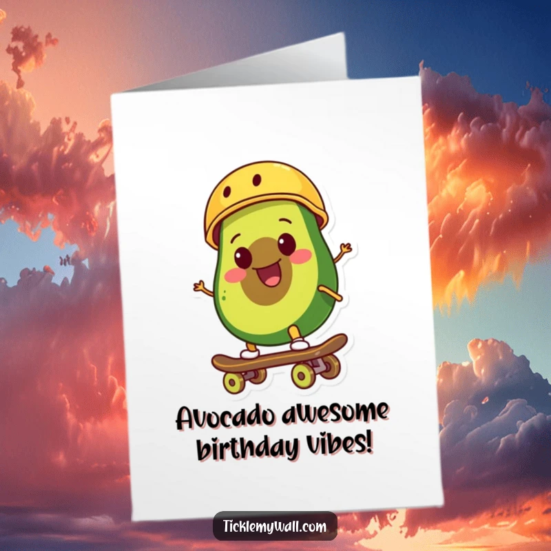 Funny Free Printable Birthday Card: Smiling avocado in tiny helmet rides a skateboard with confidence and style.