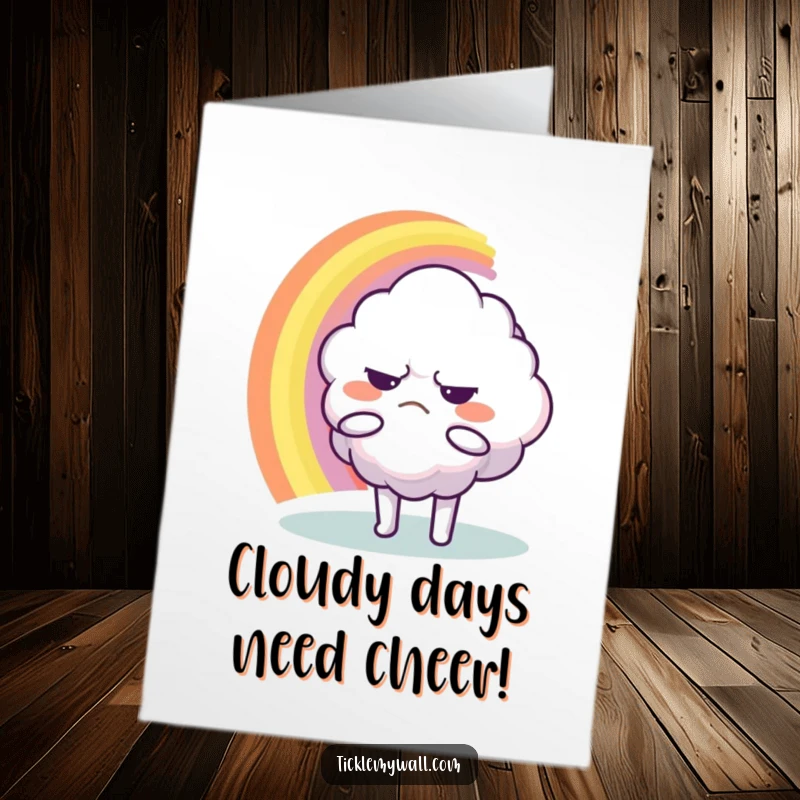 Funny Free Printable Birthday Card: Grumpy cloud character attempting to hug a vibrant rainbow, a humorous downloadable birthday card.
