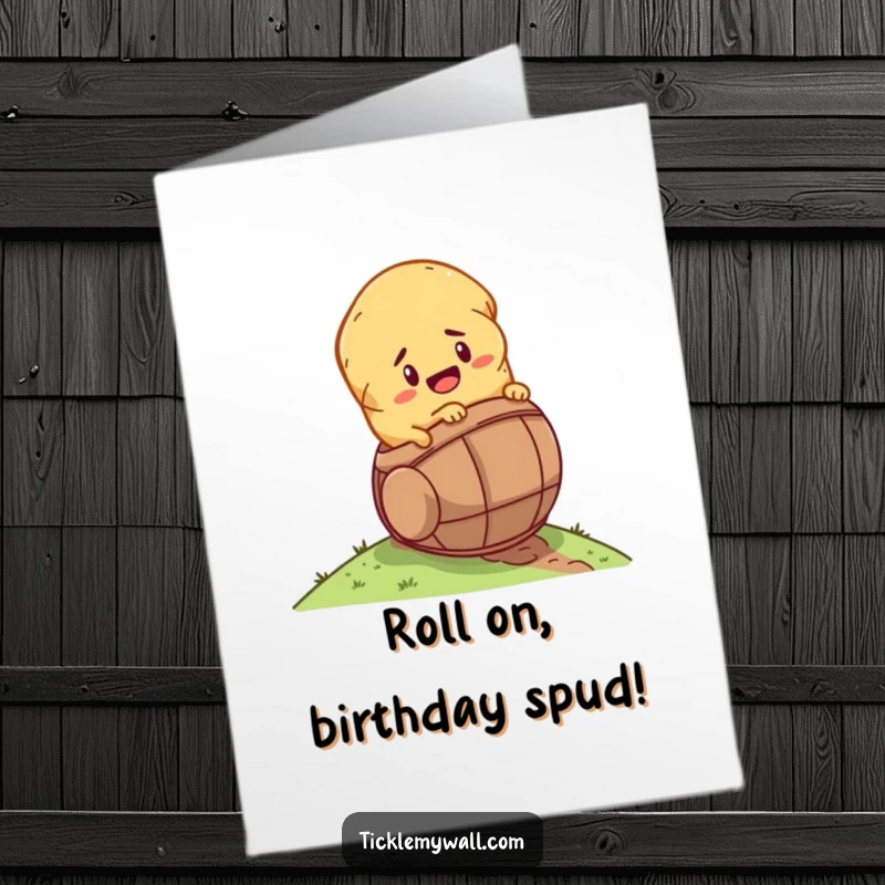 Funny Free Printable Birthday Card: A determined potato barrels down a hill, celebrating a birthday adventure.
