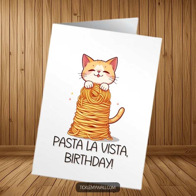 Funny Free Printable Birthday Card: Cat balancing spaghetti with a look of pure panic, ready to celebrate.