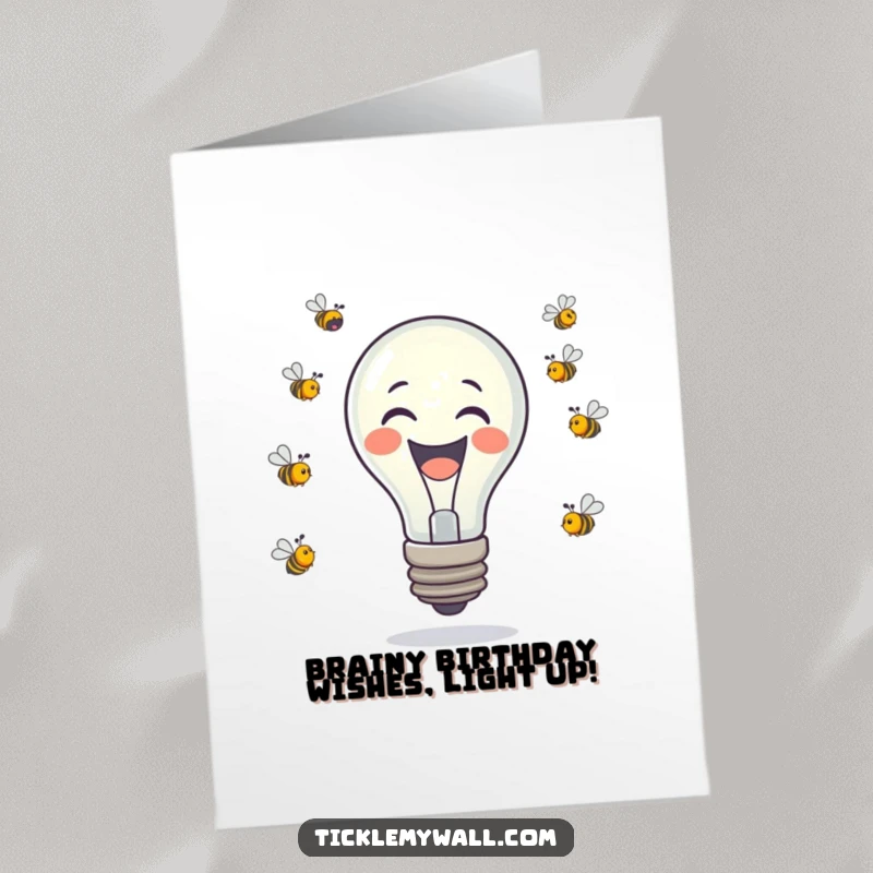Funny Free Printable Birthday Card: A laughing lightbulb juggles buzzing bees, bringing bright birthday energy.