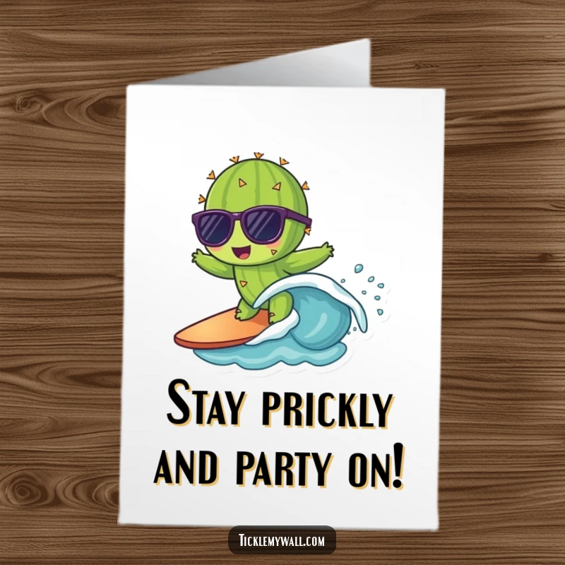Funny Free Printable Birthday Card: Cactus in sunglasses surfing a tiny wave, radiating cool birthday vibes.