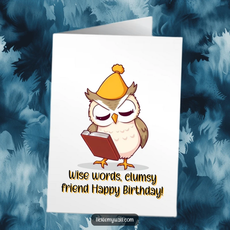 Funny free printable birthday card featuring a clumsy owl in a tiny hat, tripping and dropping a book with a surprised expression.