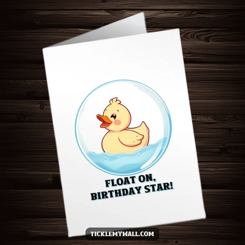 Funny Free Printable Birthday Card: Delighted rubber ducky joyfully riding a giant bubble, a whimsical celebration.