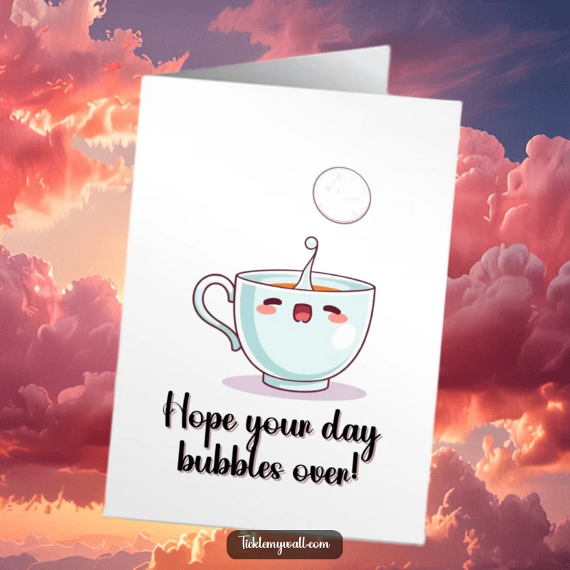 Funny free printable birthday card: a teacup looks startled as it spills one large bubble. Whimsical and fun downloadable gift.