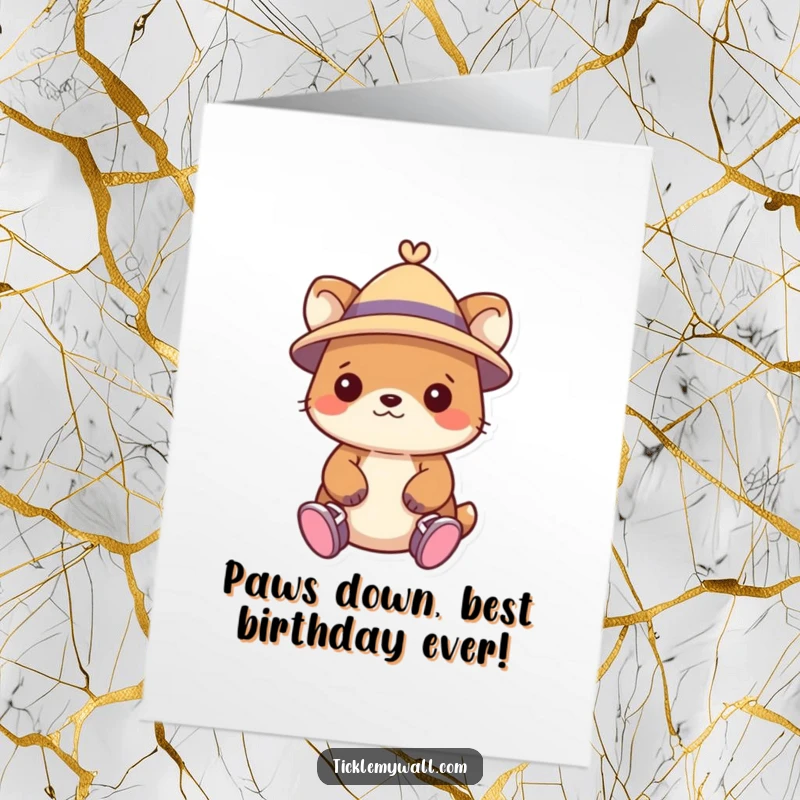 Funny Free Printable Birthday Card: A cute animal wearing a tiny hat and shoes on its hands, ready for a laugh.