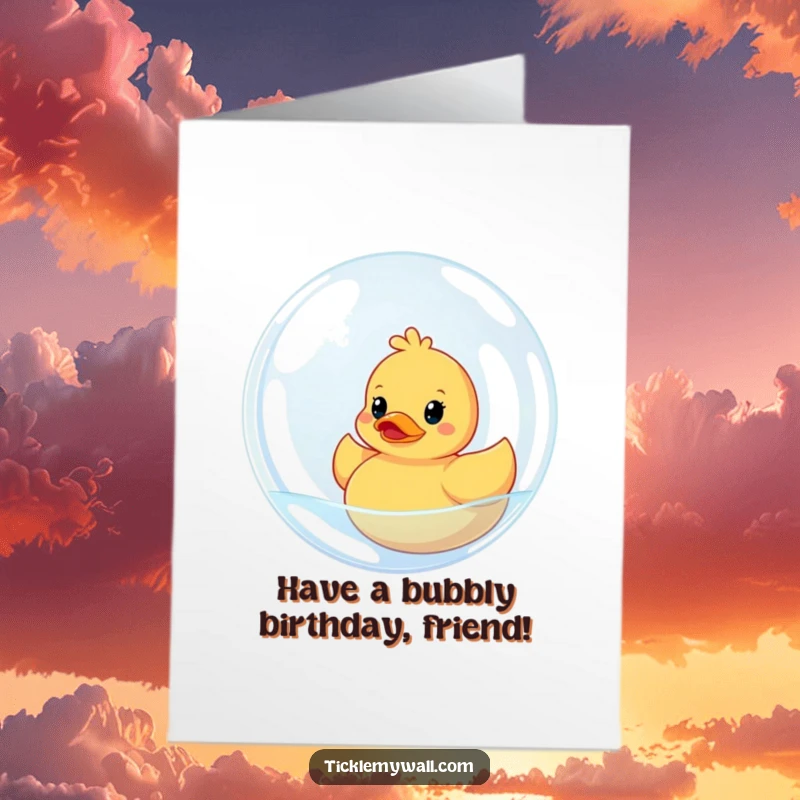 Funny free printable birthday card shows a rubber ducky stuck in a giant bubble, a humorous celebration.