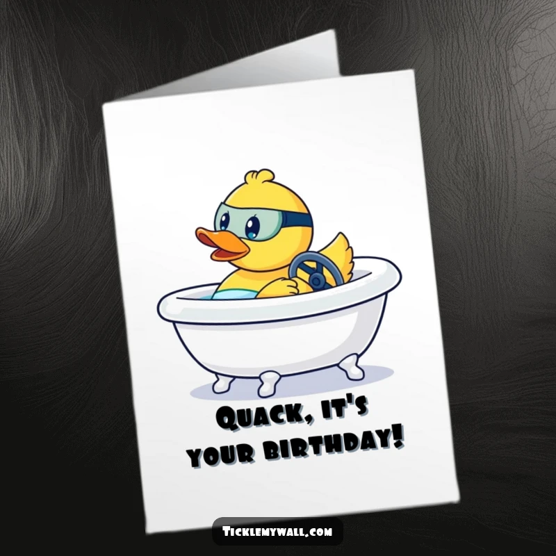 Funny Free Printable Birthday Card: A rubber duck aggressively steering a bathtub like a race car, ready for a wild birthday.
