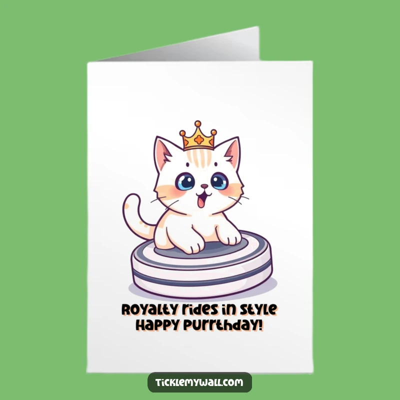 Funny Free Printable Birthday Card: Surprised Cat Crown Roomba Ride - Downloadable Gift