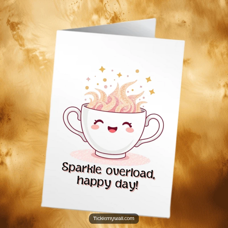 Funny Free Printable Birthday Card: A teacup joyfully overflows with shimmering glitter, spilling gleefully.