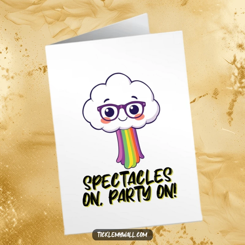 Funny Free Printable Birthday Card showing a cheerful cloud wearing glasses and joyfully spilling a bright rainbow.