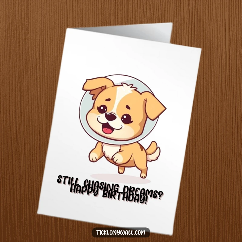 Funny Free Printable Birthday Card featuring a confused dog in a cone of shame comically chasing its tail, perfect for laughs.