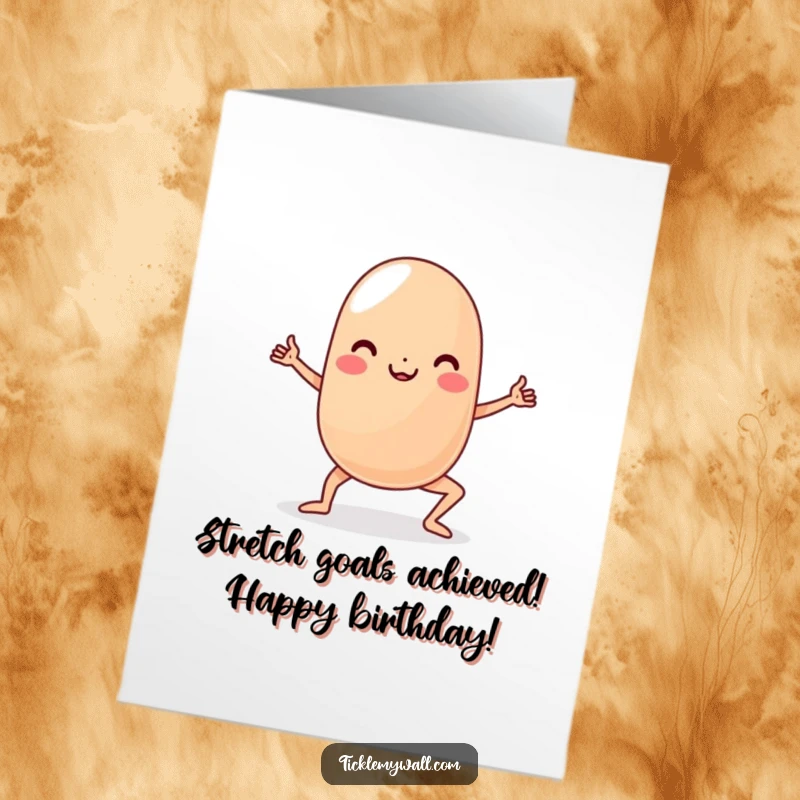 Funny Free Printable Birthday Card featuring a wobbly jelly bean character struggling hilariously in a yoga pose.