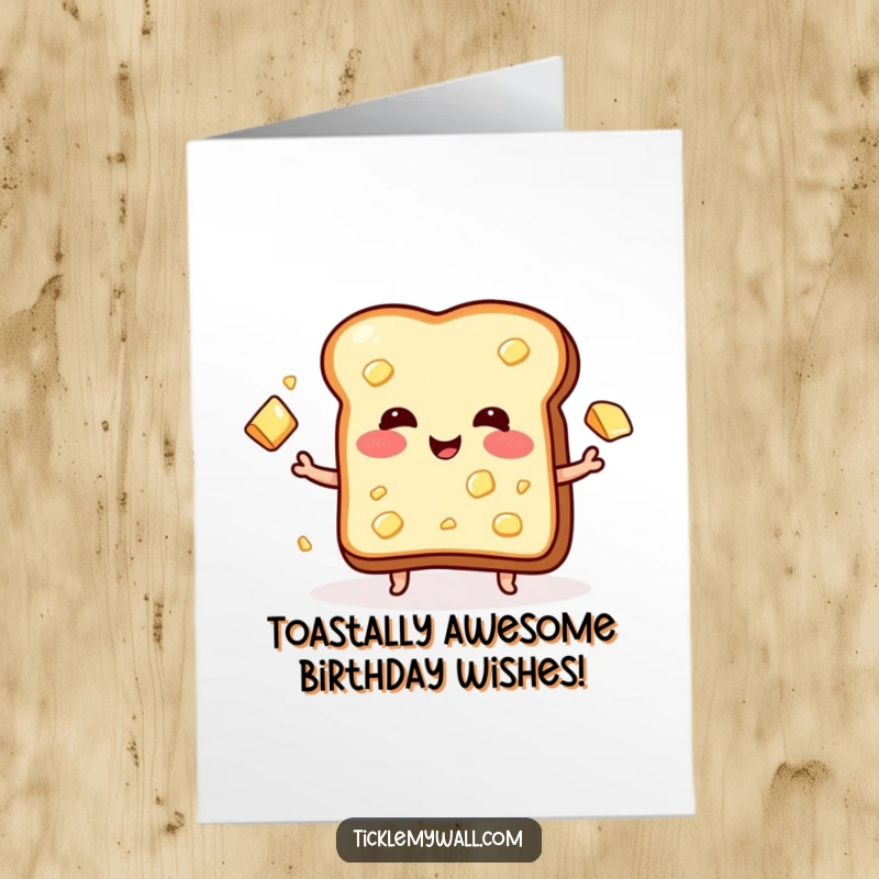 Funny Free Printable Birthday Card: A blushing piece of toast gleefully juggles multiple butter pats, spreading birthday cheer.