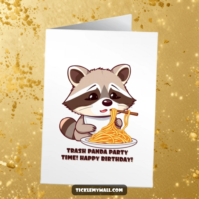 Funny Free Printable Birthday Card: A confused raccoon in a bib tries to eat spaghetti with chopsticks.