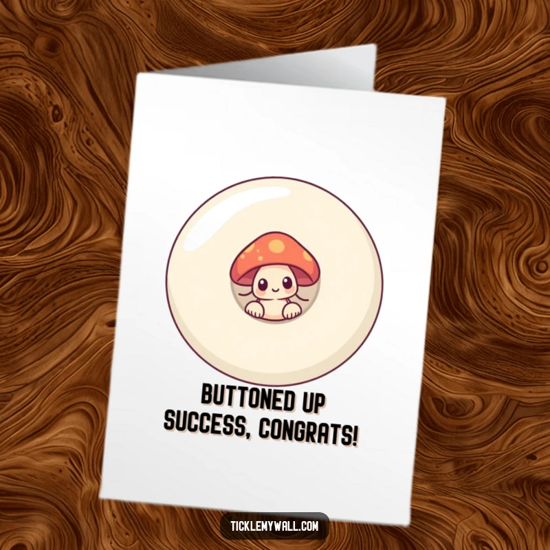 Funny Free Printable Congratulations Card: A shy mushroom peeks out from behind a big smiling button, celebrating an achievement.