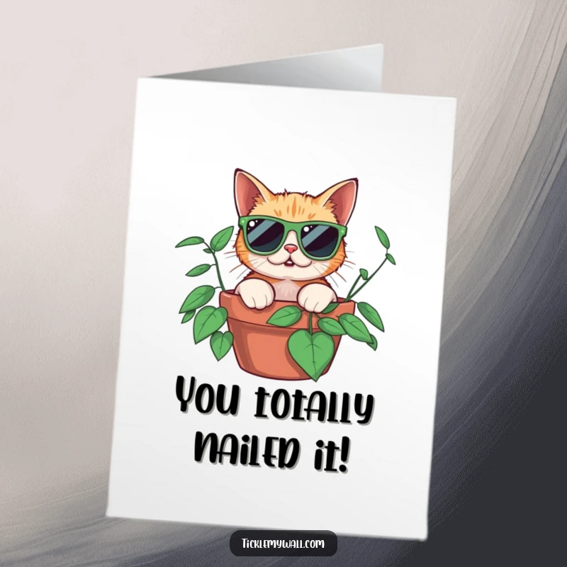 Funny free printable congratulations card: a startled cat in oversized sunglasses peeks from a plant. Perfect surprise downloadable gift.