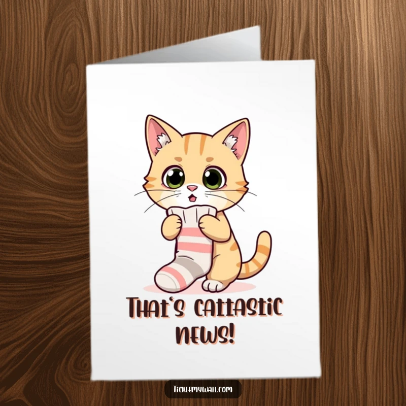 Funny Free Printable Congratulations Card: A bewildered cat hilariously attempting to put on a tiny sock.