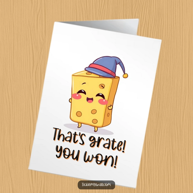 Funny Free Printable Congratulations Card: Giggling slice of cheese attempting to wear a tiny hat, celebrating success with humor.