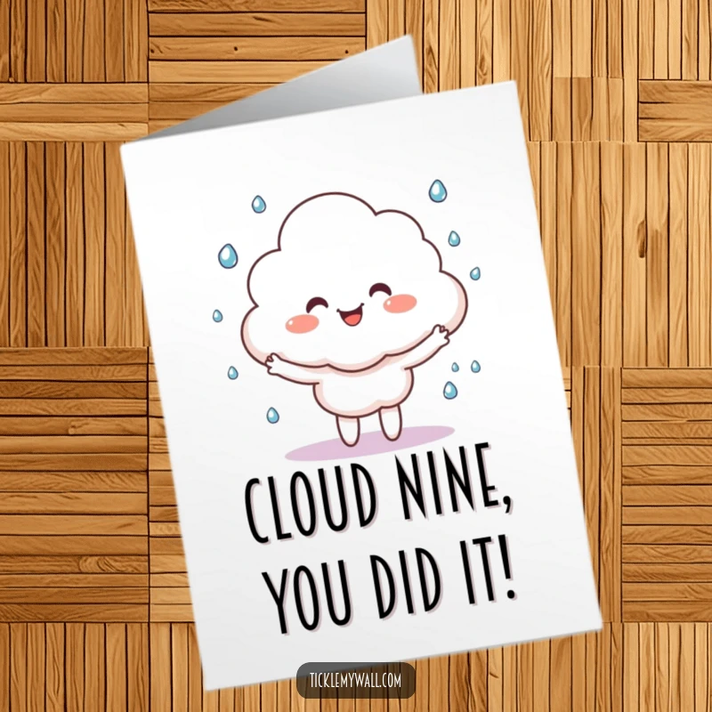 Funny free printable congratulations card: a cheerful cloud juggles tiny raindrops. Sweet and uplifting downloadable gift.