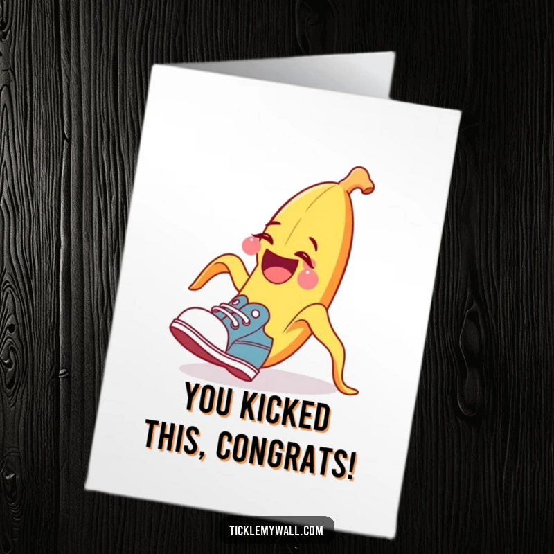 Funny Free Printable Congratulations Card: A laughing banana peel comically trips a shoe to celebrate overcoming challenges.