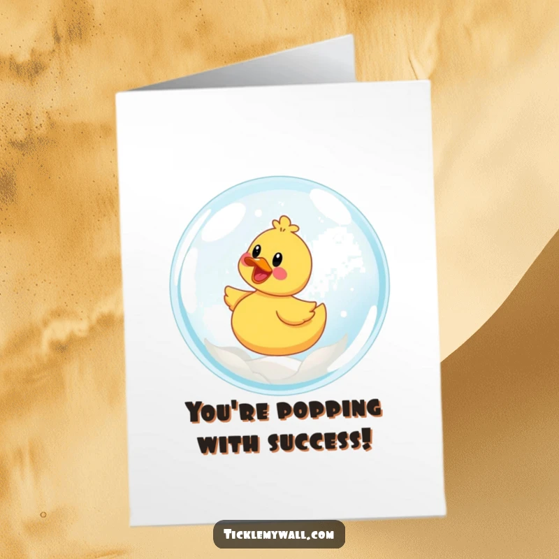 Funny Free Printable Congratulations Card featuring a happy rubber ducky surfing a huge bubble, symbolizing a triumphant and fun achievement.