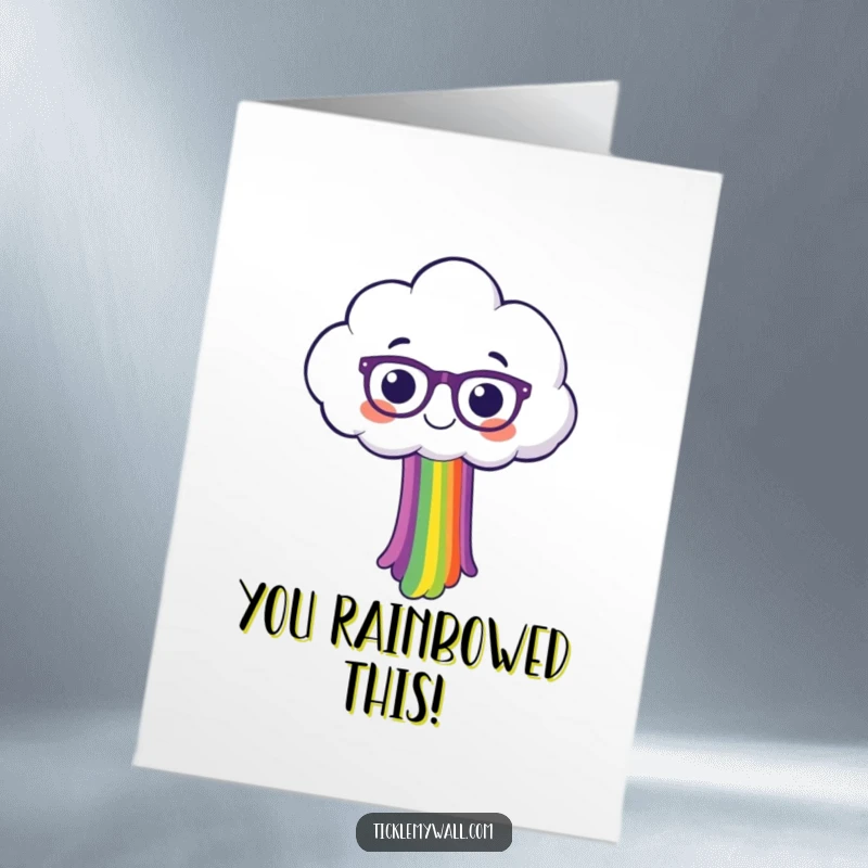 Free Printable Congratulations Card featuring a wise-looking cloud with spectacles gleefully pouring out a dazzling rainbow.