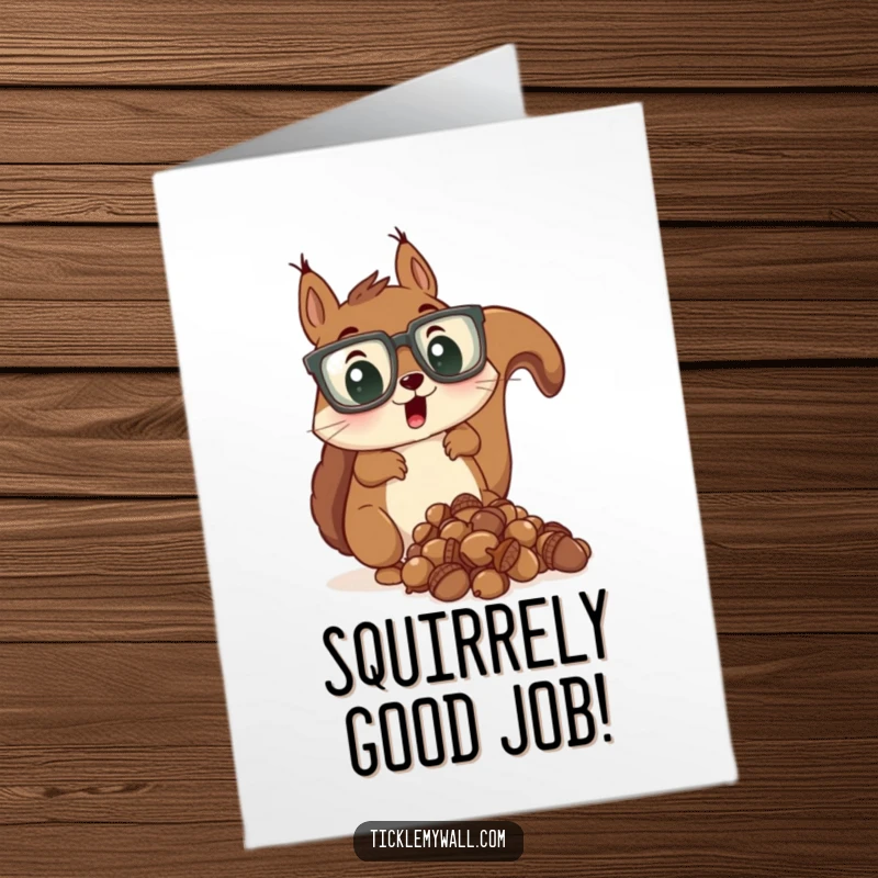 Funny Free Printable Congrats Card: Surprised squirrel in oversized glasses dropping acorns, celebrating a clumsy success.