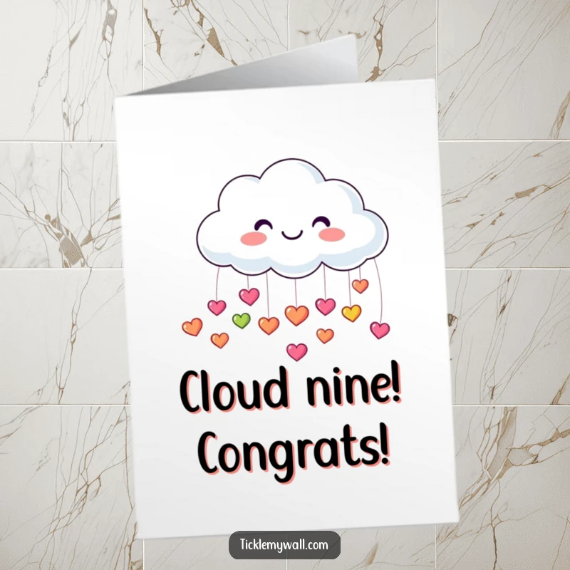 Free Printable Congrats Card with a happy cloud showering tiny, colorful, bouncing hearts, celebrating their wonderful achievement.