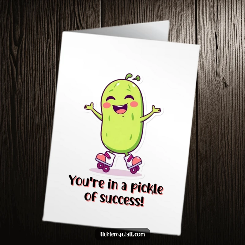 Funny Free Printable Congratulations Card: A pickle on roller skates spins with a huge laugh.