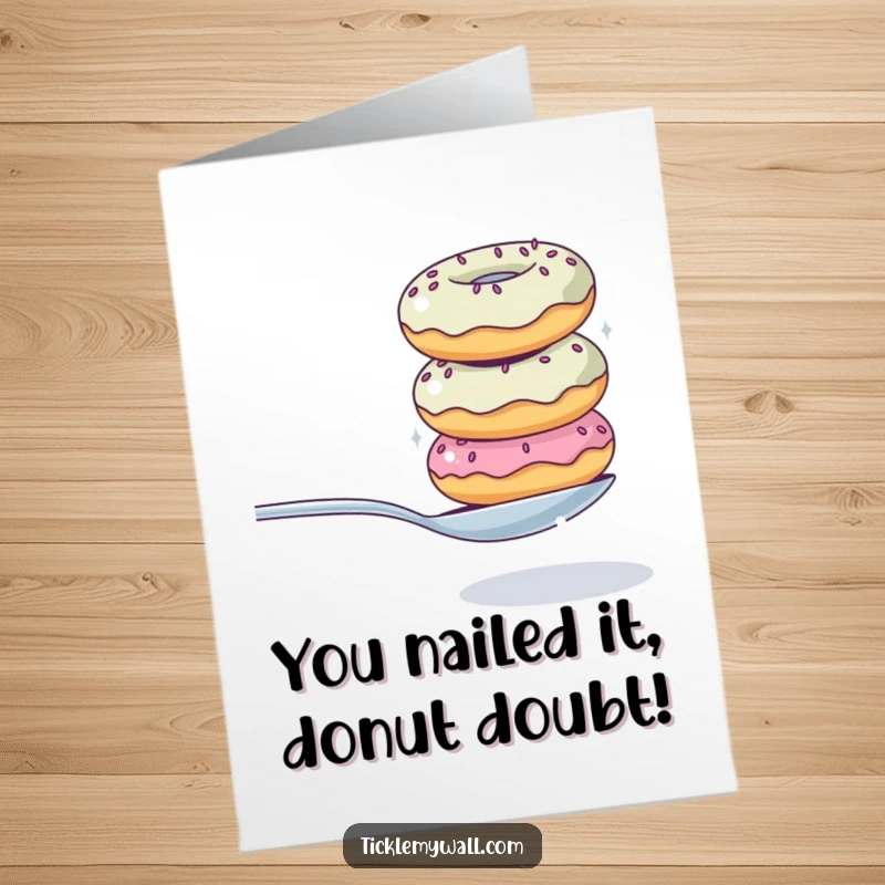 Funny Free Printable Congratulations Card featuring a wobbly donut stack precariously balancing a spoon, celebrating a sweet victory.