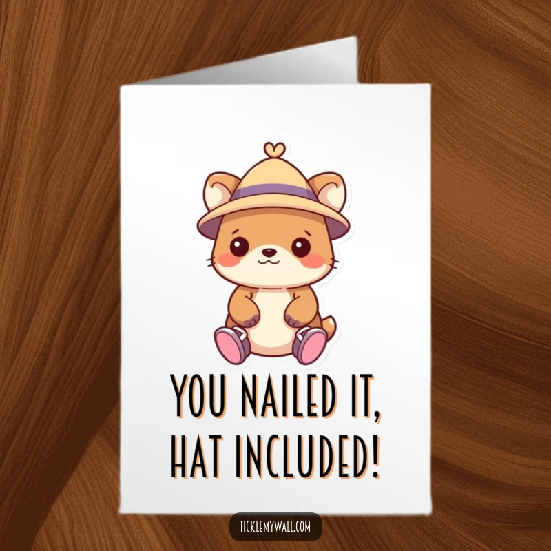 Funny Free Printable Congratulations Card: An animal in a hat wearing shoes on its hands, a comical way to say congrats.