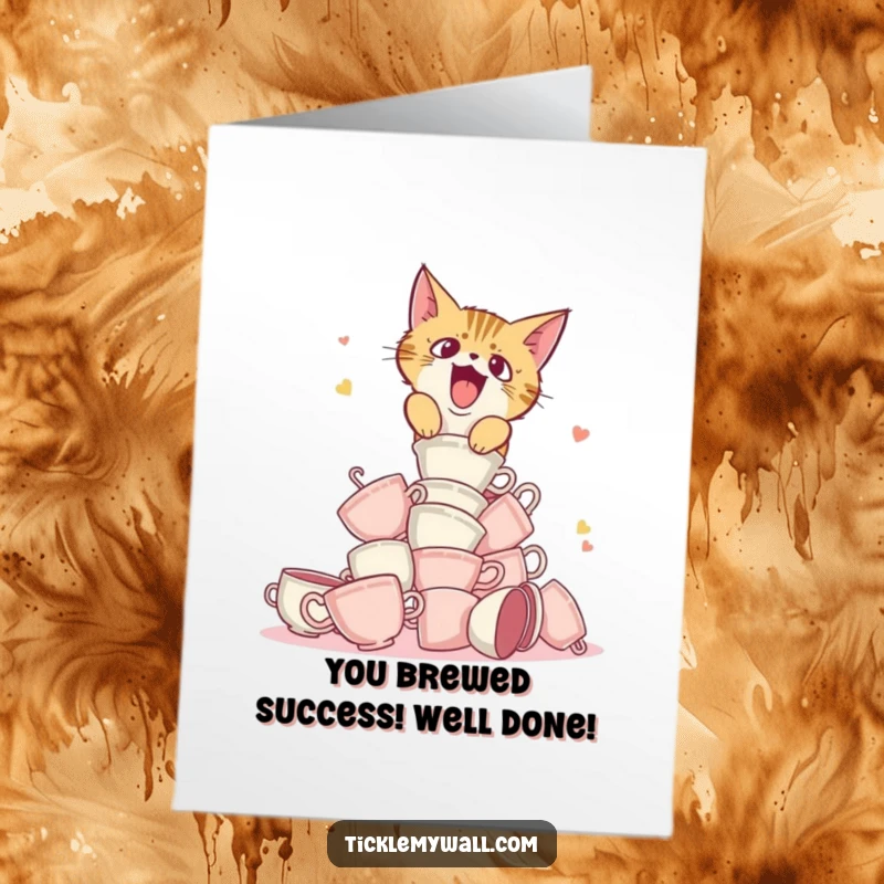 Funny free printable congratulations card featuring a startled cat causing a teacup tower to topple, celebrating success with humor.