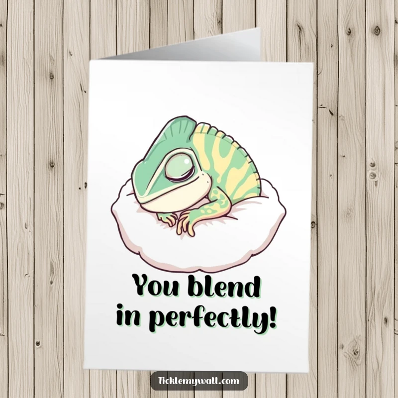 Funny Free Printable Congratulations Card: A snoozing chameleon disguised as a pillow, celebrating a win with sleepy charm.