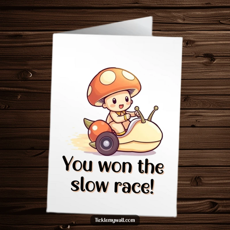 Funny Free Printable Congratulations Card: A mushroom rides a snail like a race car, crossing the finish line to celebrate.