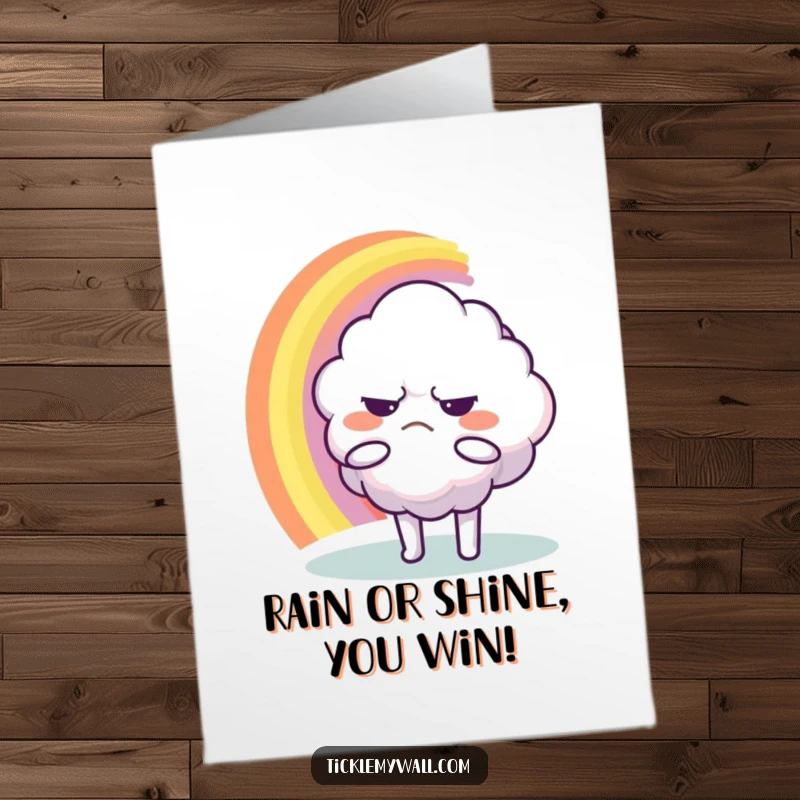 Funny Free Printable Congratulations Card: Grumpy cloud character reaching for a rainbow, a humorous, downloadable congratulatory message.