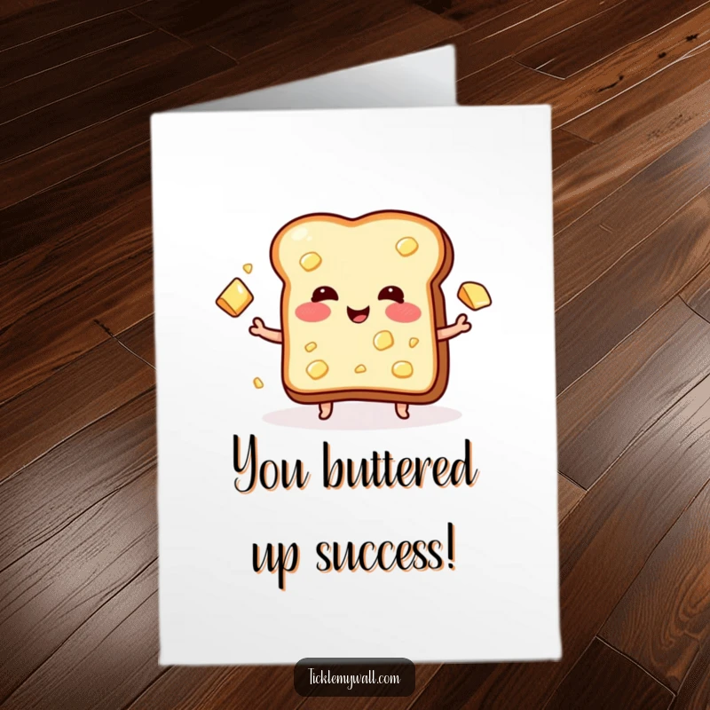 Funny Free Printable Congratulations Card: A blushing piece of toast happily juggles butter pats, celebrating an achievement.