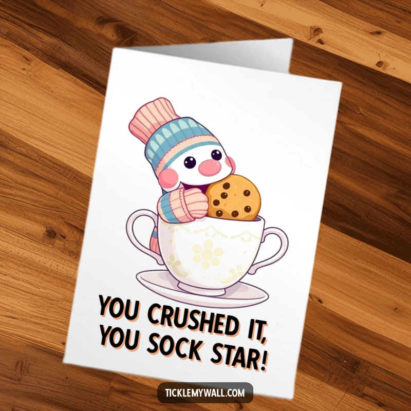 Funny Free Printable Congrats Card: Mischievous sock puppet caught mid-cookie theft from a startled teacup, a funny congrats.