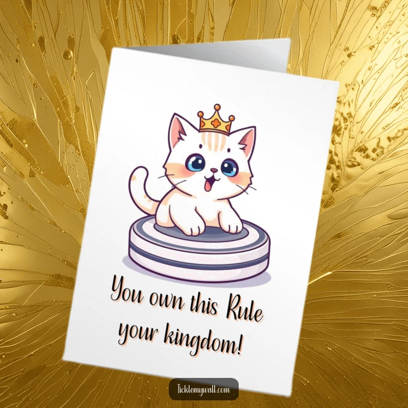 Funny Free Printable Congratulations Card featuring a surprised cat in a crown conquering a Roomba.