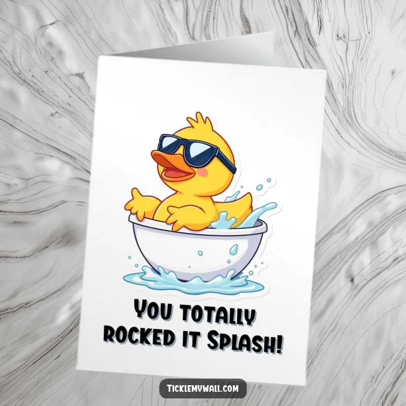 Funny Free Printable Congratulations Card: Cool rubber duck in sunglasses launching from a bathtub splash.