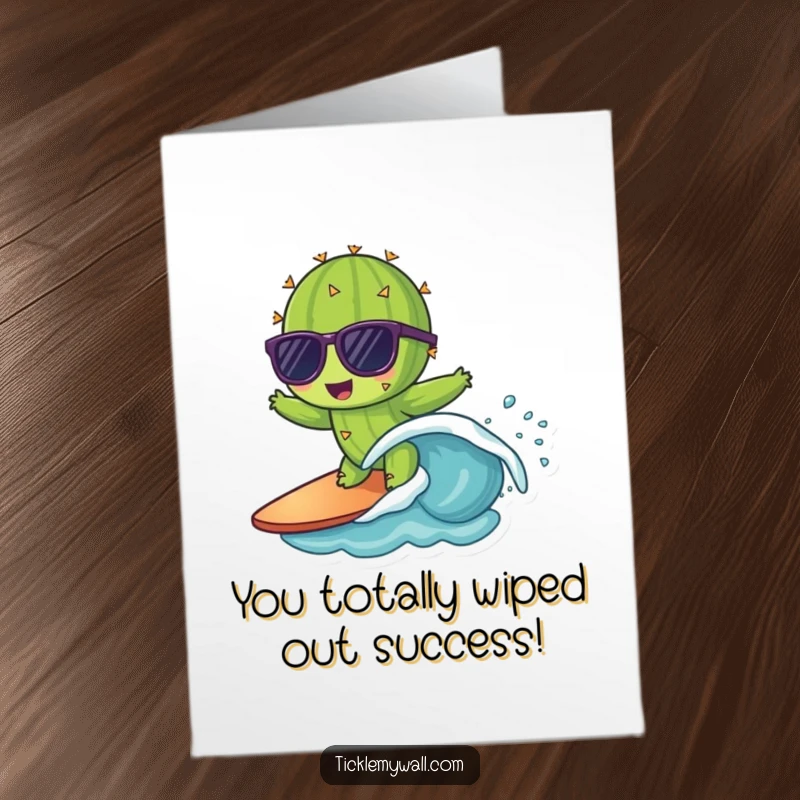 Funny Free Printable Congrats Card: Sunglasses-clad cactus bravely surfing a miniature wave, a cool congrats design.