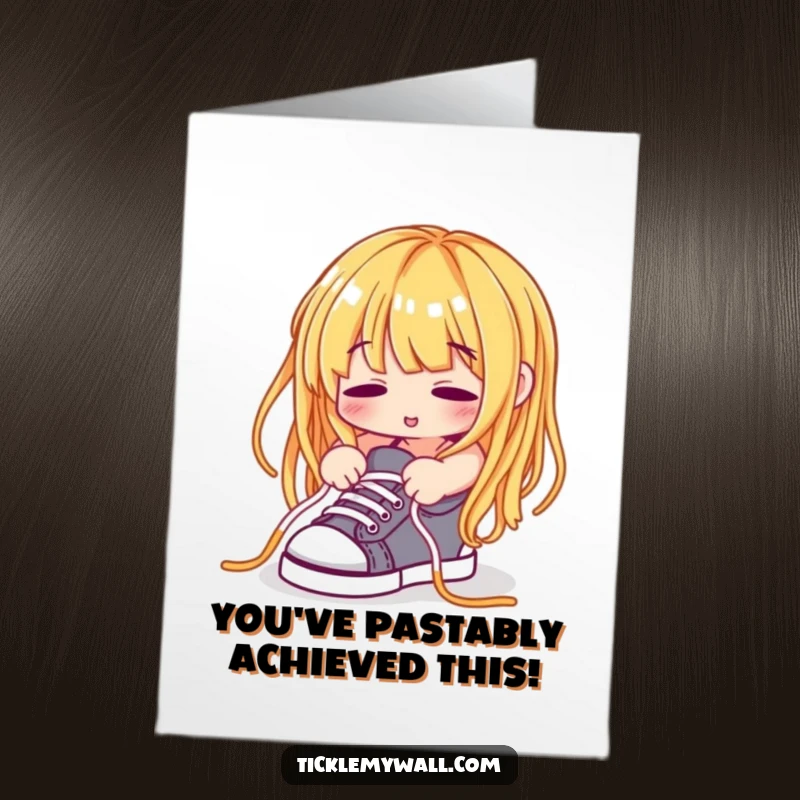 Funny Free Printable Congratulations Card: A spaghetti noodle comically tries to tie its shoelaces after a great achievement.