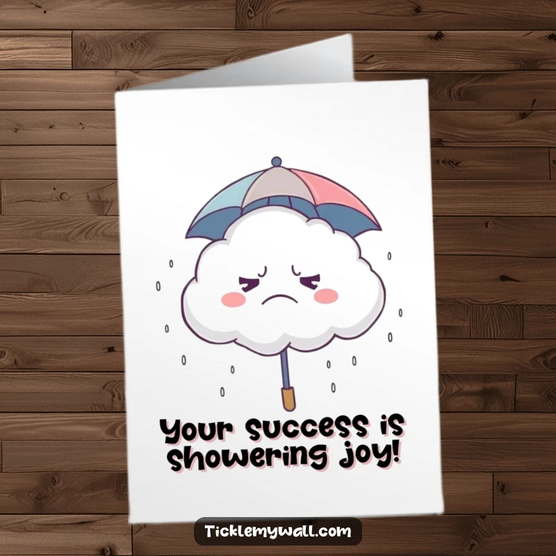 Funny Free Printable Congratulations Card: A grumpy cloud under a tiny umbrella rains a shower of tiny giggles, celebrating success.