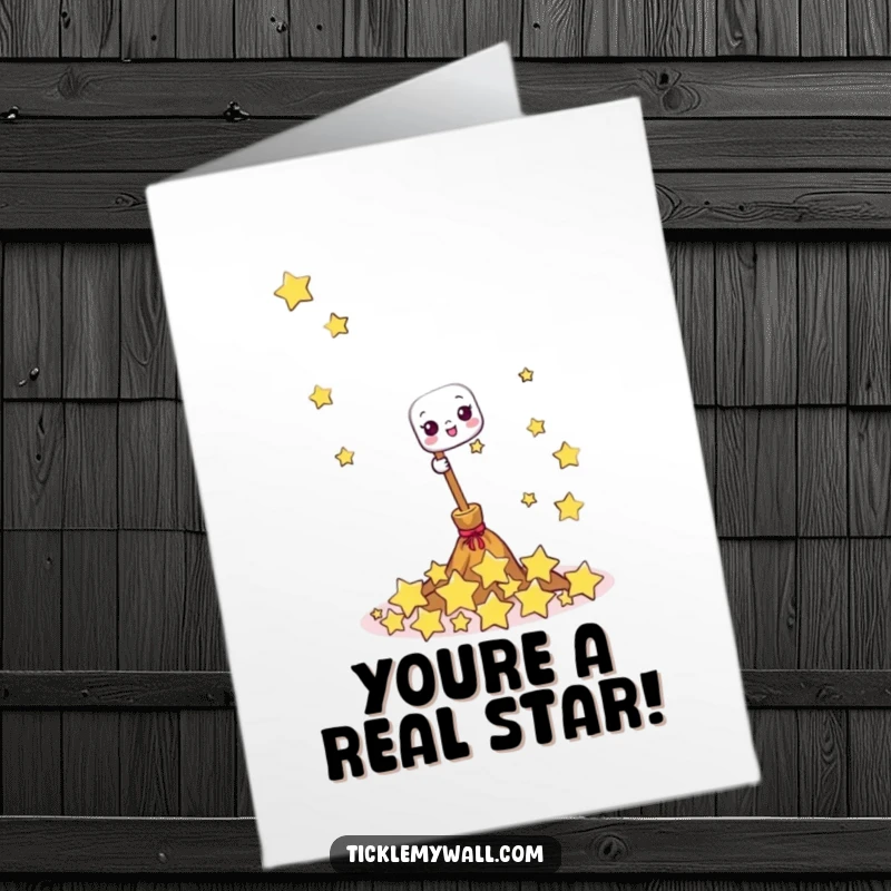 Funny Free Printable Congratulations Card featuring a happy broom sweeping a pile of giggling little stars, celebrating a bright success.