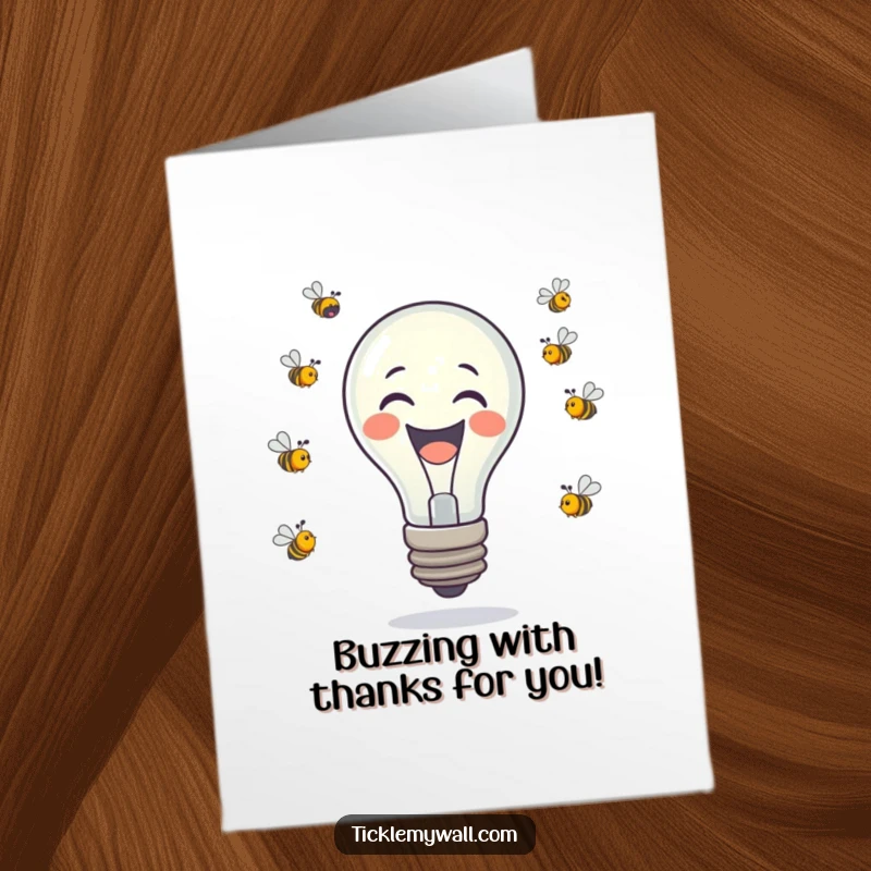 Funny Free Printable Thank You Card: A laughing lightbulb juggles buzzing bees, sending a buzzing thank you.
