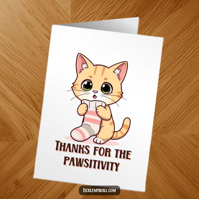 Funny Free Printable Thank You Card: Cat looking surprised while trying to wear a small, ill-fitting sock.