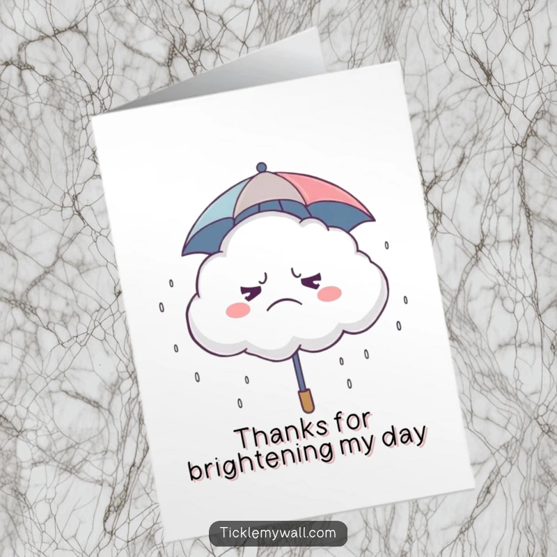 Funny Free Printable Thank You Card: A grumpy cloud with an umbrella rains tiny giggles, offering a humorous thank you.