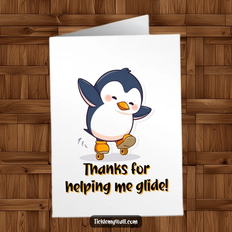 Funny free printable thank you card: a penguin in roller skates takes a hilarious tumble, perfect for thanks.