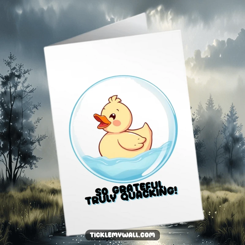 Funny Free Printable Thank You Card: Delighted rubber ducky riding a giant bubble, a cheerful way to express thanks.